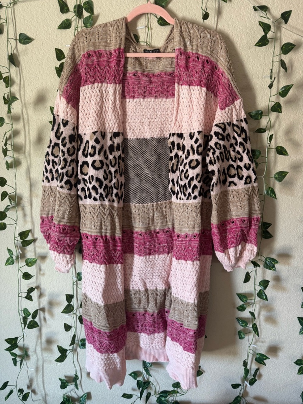 Striped Open Front Cardigan with Leopard Accent - Pink & Taupe